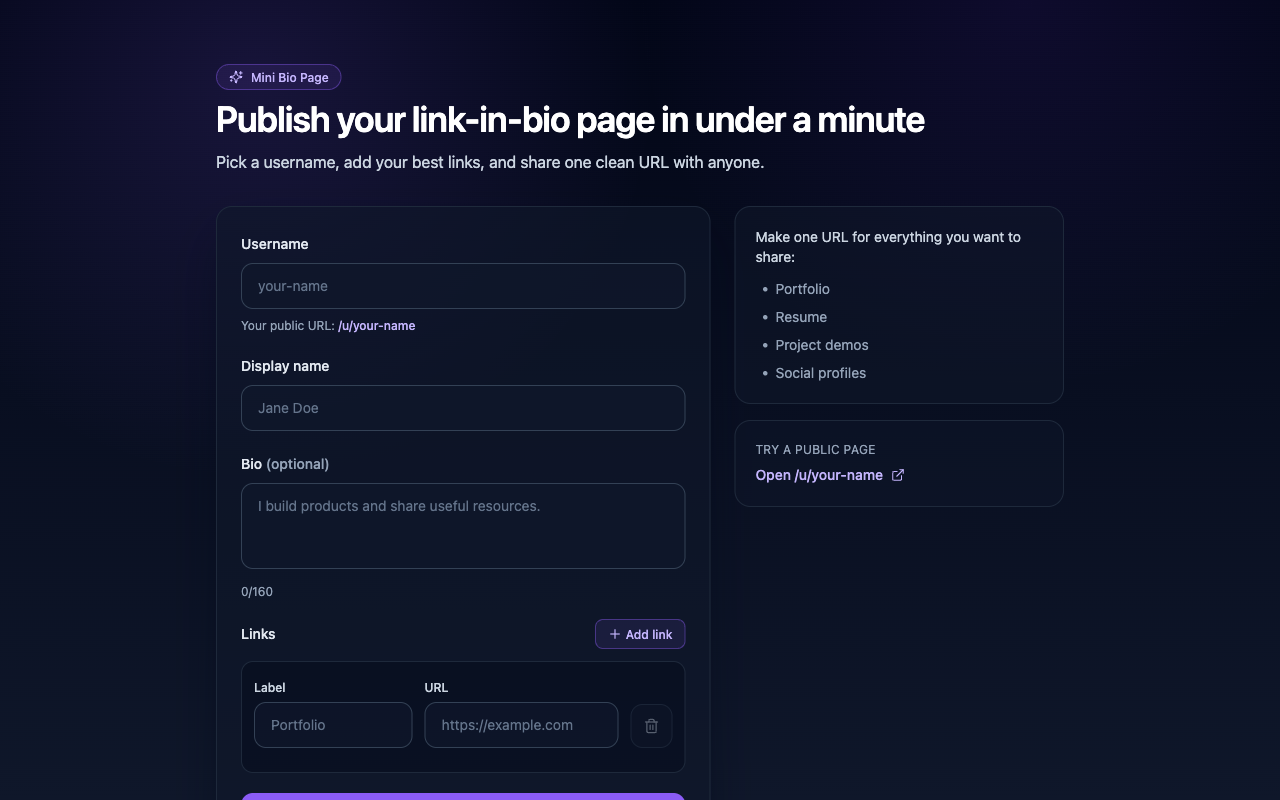 Mini Bio Page deployed app preview